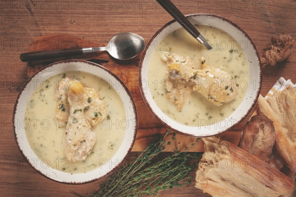 Chikhirtma chicken soup, Georgian dish, with lavash, top view, no people