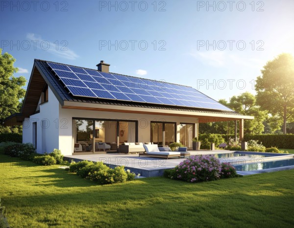 Residential house with solar panels on the roof, beautiful sunrise, AI generated