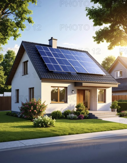 Residential house with solar panels on the roof, beautiful sunrise, AI generated
