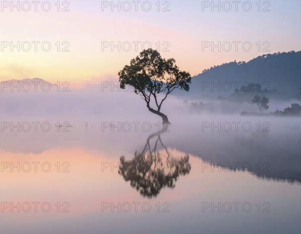 Lone single tree reflected in the still waters of a foggy lake at sunrise, AI generated
