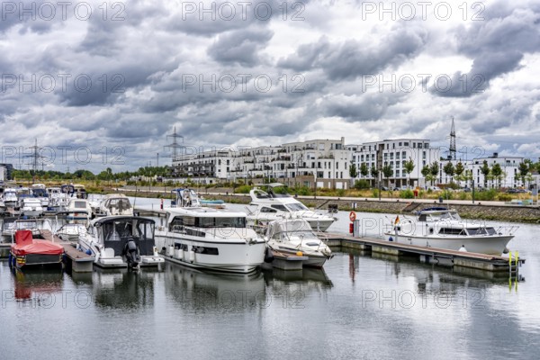 New Graf Bismarck urban quarter on the Rhine-Herne Canal, residential and commercial development on the site of the former Graf Bismarck colliery power station, marina, on the canal, in Gelsenkirchen, North Rhine-Westphalia, Germany