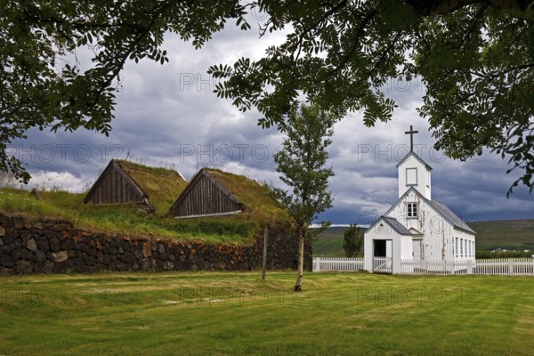 Grass sod house settlement Grenjadarstadur with church, Thingeyjarsveit municipality, North Iceland, Iceland