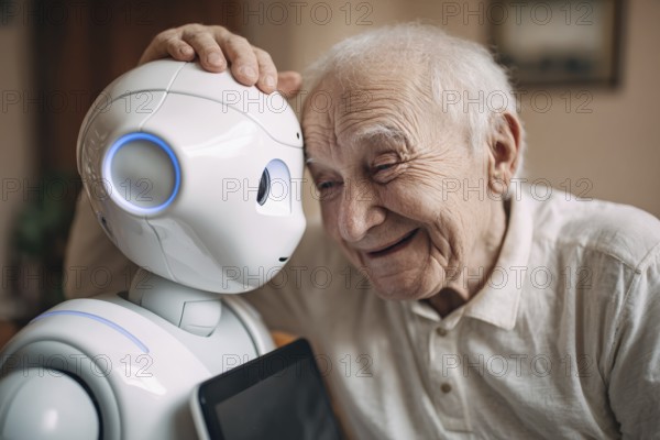 An elderly man in a nursing home smiles and communicates with a humanoid robot, carer robot, symbol of loneliness, social isolation in old age, AI generated, AI generated