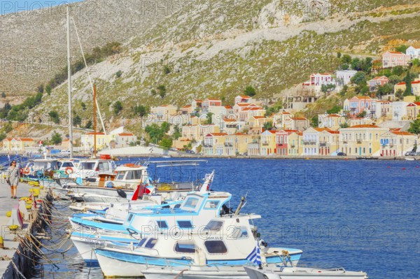 View of Gialos Harbour, Gialos, Symi Island, Dodecanese Islands, Greece