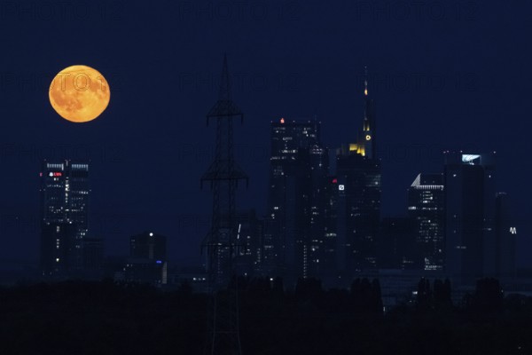 The full moon passes over the Frankfurt banking skyline, Frankfurt am Main, Hesse, Germany