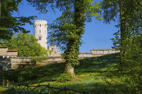 Lichtenstein Castle, fairytale castle of Württemberg, romantic fairytale castle on the eaves of the Swabian Alb, historicism, architecture, new building 1840-1842, according to plans by architect Carl Alexander Heideloff, 19th century, Honau, municipality of Lichtenstein, Baden-Württemberg, Germany