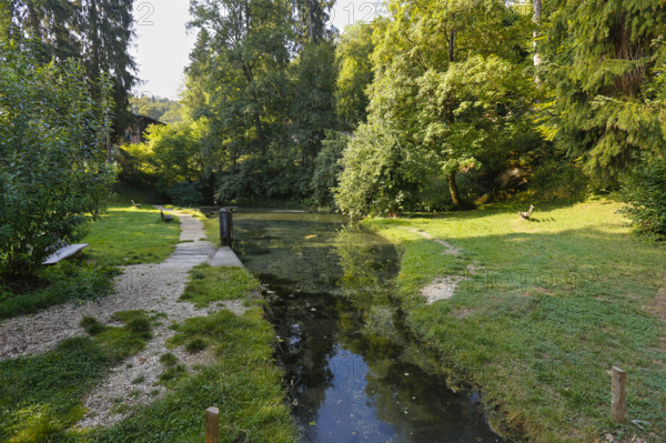 Lauter spring, Große Lauter, karst spring, body of water, park, idyll, meadow, lawn, trees, Offenhausen, municipality of Gomadingen, Swabian Alb, Baden-Württemberg, Germany