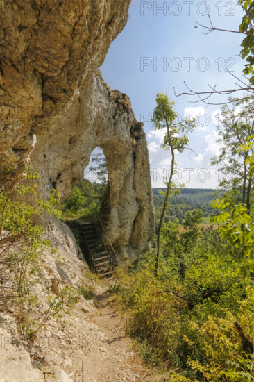 Teufelstorffelsen, Jura rock, gate-like breakthrough, stairs, natural monument between Gammertingen and Hettingen, Zollernalbkreis, Swabian Alb, Baden-Württemberg, Germany