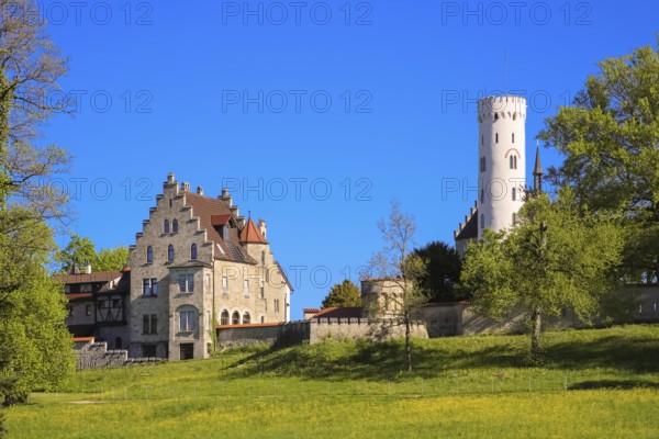 Lichtenstein Castle, fairytale castle of Württemberg, romantic fairytale castle on the eaves of the Swabian Alb, historicism, architecture, new building 1840-1842, according to plans by architect Carl Alexander Heideloff, 19th century, Honau, municipality of Lichtenstein, Baden-Württemberg, Germany
