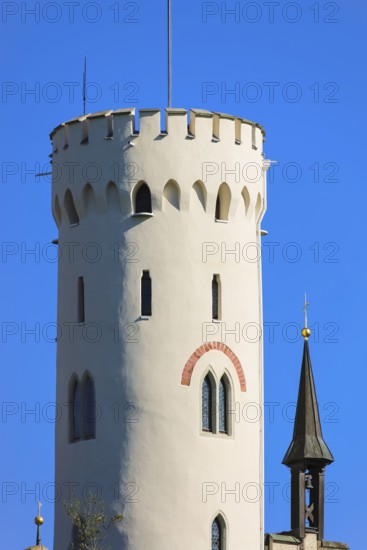 Lichtenstein Castle, fairytale castle of Württemberg, romantic fairytale castle on the eaves of the Swabian Alb, historicism, architecture, new building 1840-1842, according to plans by architect Carl Alexander Heideloff, 19th century, Honau, municipality of Lichtenstein, Baden-Württemberg, Germany