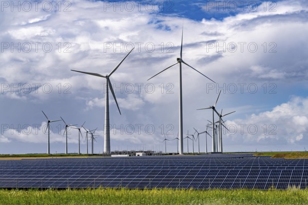 Vopak Solarpark Eemshaven, 19 hectares of solar modules with a capacity of 25 megawatts, around the Vopak tank terminal in the industrial harbour of Eemshaven, wind farm, Netherlands