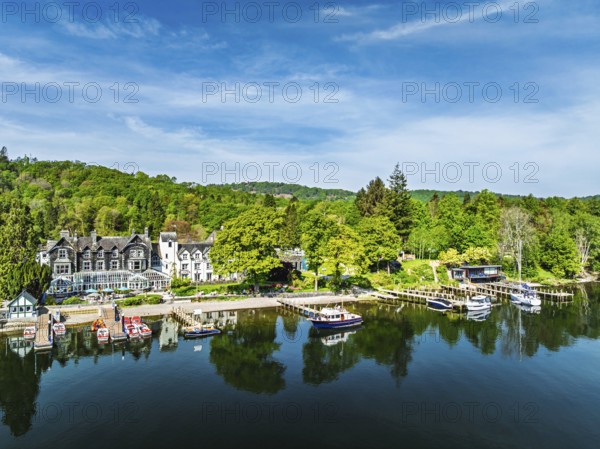 Windermere Lake from drone over Fell Foot Park, Lake District, Cumbria, England, United Kingdom