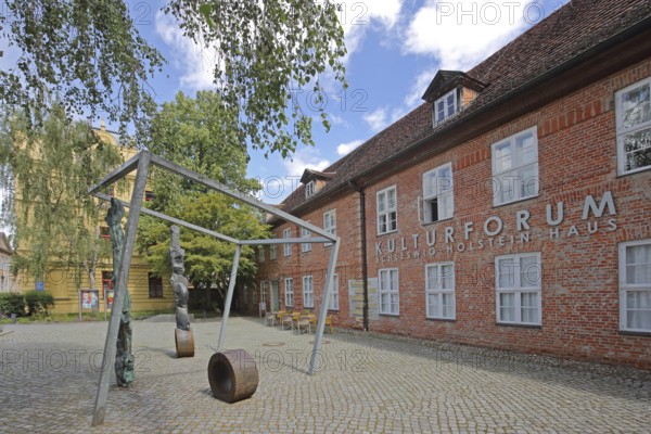 Cultural Forum and Schleswig-Holstein House, brick building, sculpture, inscription, Schelfstadt, Schwerin, Mecklenburg-Western Pomerania, Germany