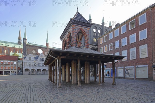 Gothic Kaak former pillory at the market square and town hall, pedestrian, temple, wooden beams, wooden construction, market, old town, Lübeck, Schleswig-Holstein, Germany