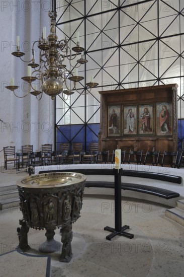 Baptismal font, chandelier and candle, interior view, gothic, cathedral, Lübeck, Schleswig-Holstein, Germany