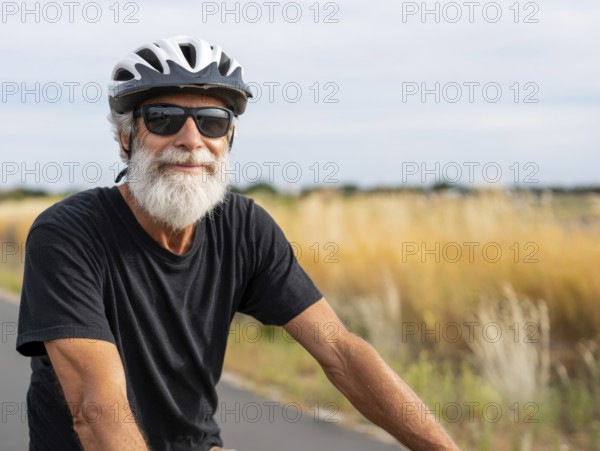 A man, senior citizen with a bicycle helmet rides on a bicycle and smiles friendly into the camera, AI generated, AI generated