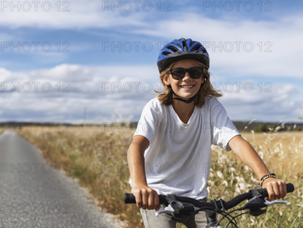 A girl with a bicycle helmet rides a bicycle and smiles friendly into the camera, AI generated, AI generated