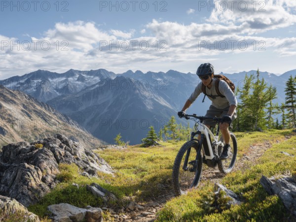 A single mountain biker quickly rides a trail in the high mountains, motion blur, AI generated, AI generated