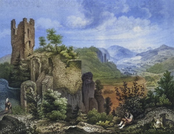 Neideck castle ruins around 1850, former high medieval aristocratic castle above the village of Streitberg, Franconian Switzerland, district of Forchheim, Upper Franconia, Bavaria, Germany, digitally enhanced reproduction from a 19th century original, coloured, historical, exact date unknown