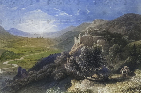 Streitberg Castle and town, climatic health resort, Franconian Switzerland, around 1850, district of Forchheim, Upper Franconia, Bavaria, Germany, digitally enhanced reproduction from a 19th century original, coloured, historical, exact date unknown
