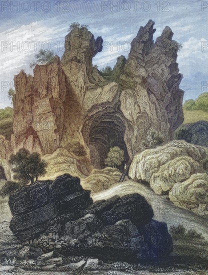 The Riesenburg, natural karst cave ruin near Engelhardsberg, Franconian Switzerland, district of Forchheim, Upper Franconia, Bavaria, Germany, digitally enhanced reproduction from a 19th century original, coloured, historical, exact date unknown