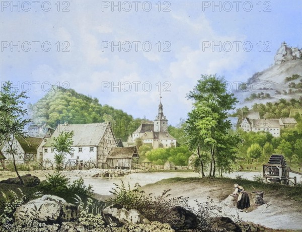 Muggendorf, climatic health resort, around 1850, Franconian Switzerland, district of Forchheim, Upper Franconia, Bavaria, Germany, digitally enhanced reproduction from a 19th century original, coloured, historical, exact date unknown