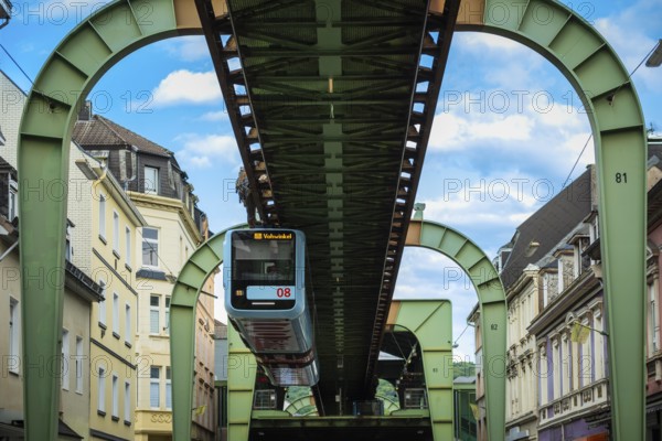 The Wuppertal suspension railway pulls into the Sonnborn stop, Wuppertal, Germany, digitally reworked