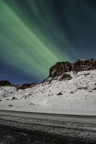 Northern Lights, Close to Vik, Ring Road, Mountains, Frost, Winter, Cold, Snow, Night, Iceland* Northern Lights, Close to Vik, Ring Road, Mountain Range, Cold, Snow, Night, Iceland