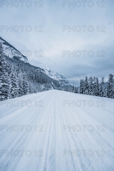 Winter road trip on the Icefields Parkway with lots of snow and ice, Banff National Park, Jasper National Park, Alberta, Canada