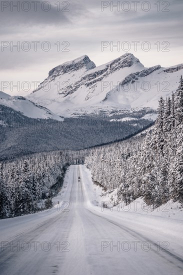 Winter road trip on the Icefields Parkway with lots of snow and ice, Banff National Park, Jasper National Park, Alberta, Canada