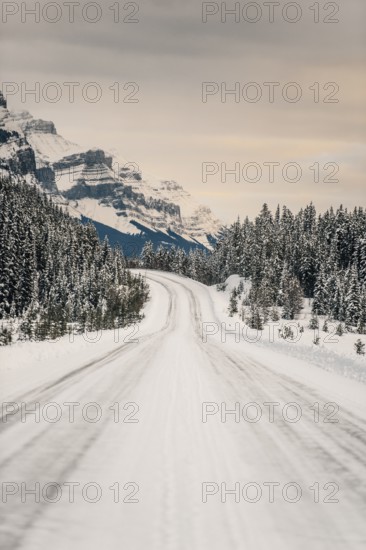 Winter road trip on the Icefields Parkway with lots of snow and ice, Banff National Park, Jasper National Park, Alberta, Canada