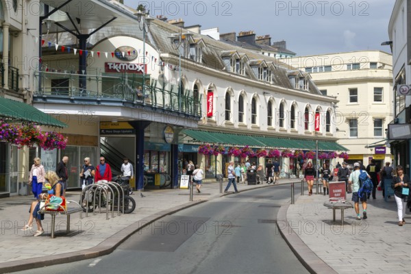 Shops in historic buildings Fleet Street, Torquay, Devon, England, UK