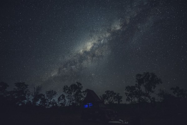 Milky Way in the Australian outback. Camping in a Landrover rooftop tent, Australia