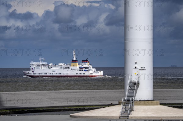 The North Sea car ferry Münsterland, departs from the ferry harbour of Eemshaven, in the Ems estuary, ferry to the German North Sea island of Borkum, by AG Ems Nederland B.V., Borkumlijn, Netherlands