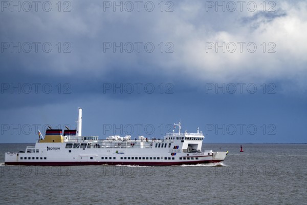 The North Sea car ferry Münsterland, arrives in the ferry harbour of Eemshaven, in the Ems estuary, ferry to the German North Sea island of Borkum, by AG Ems Nederland B.V., Borkumlijn, Netherlands