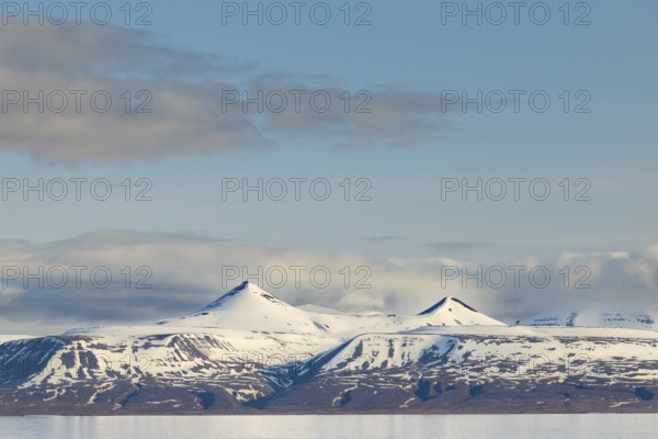 Mountain range, snow, sea, Spitsbergen, Svalbard