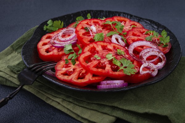 Freshly sliced tomatoes and red onions, garnished with herbs, on a black plate, summer salad, no people