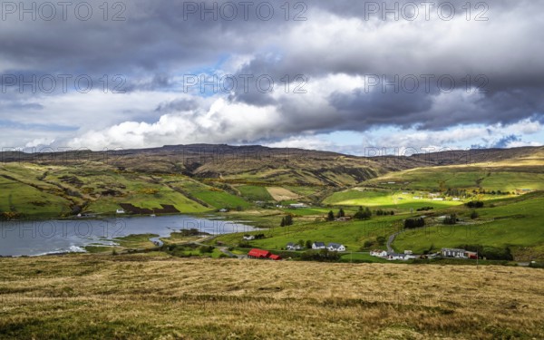 Farms over Loch Harport, Drynoch, Isle of Skye, Scotland, UK