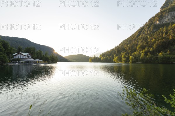Sunrise in summer at Lake Thumsee near Bad Reichenhall with a view of the Seewirt