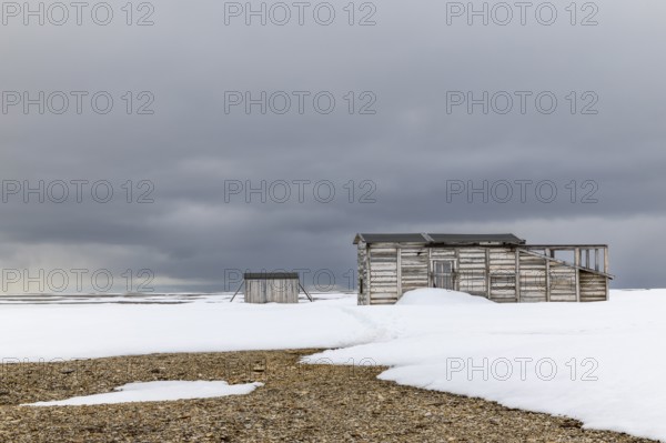 Former research station, wooden hut, Kinvika, Muchinsonfjord, Spitsbergen, Svalbard