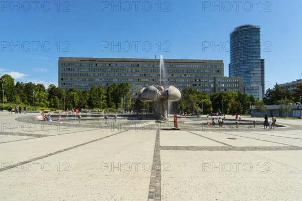 Freedom Square with a fountain in the shape of a lime blossom in Bratislava, Slovakia