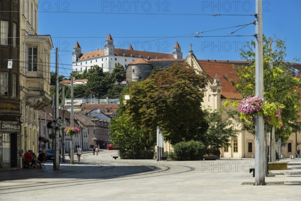 Capuchin monastery with a view of the castle in the city centre of Bratislava, Slovakia