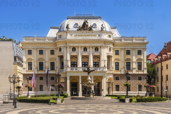 The Slovak National Theatre and the Ganymede Fountain on Hviezdoslav Square in Bratislava, Slovakia