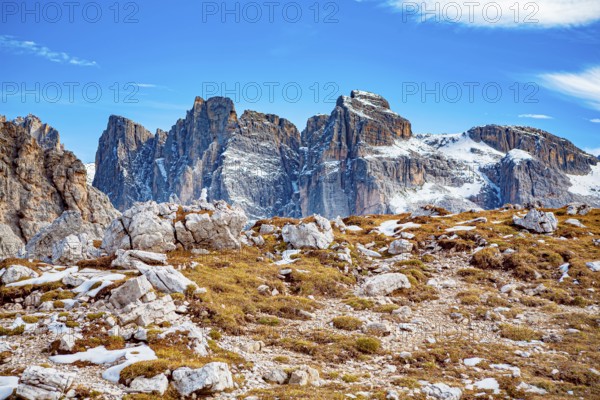 The Three Peaks in the Sesto Dolomites on the border between the provinces of Belluno in the south and South Tyrol, Italy