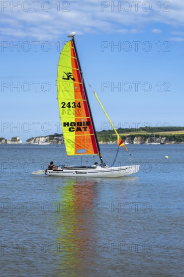 Boats on sea over Knoll Beach Studland, Poole, Dorset, England, United Kingdom