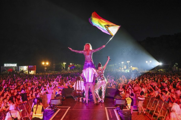 Bahar Kizil and Senna Gammour from the band Monrose at the 47th Christopher Street Day under the motto Never be quiet again in Berlin on 26 July 2025