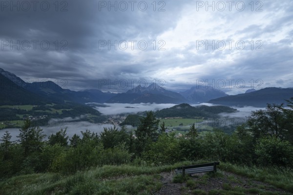 Marxenhöhe near Berchtesgaden with Watzmann view in the morning mist after the rain