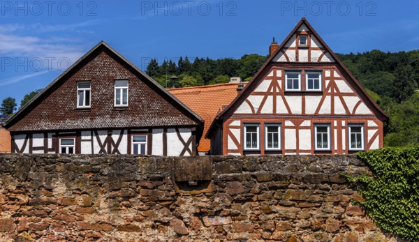 The old town centre with half-timbered houses, church towers and remains of the town wall in Büdingen, Hesse, Germany