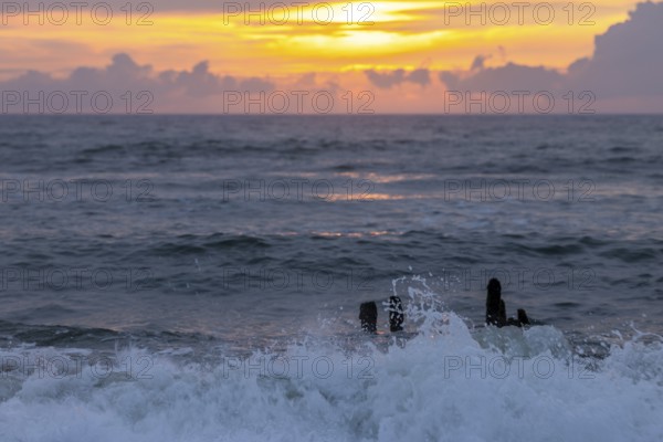 Sunset by the sea, waves, North Sea, Rantum, Sylt, Schleswig-Holstein
