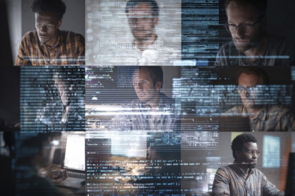 Collage of coders doing coding on transparent board. Concept of artificial AI programming and intelligence, AI generated